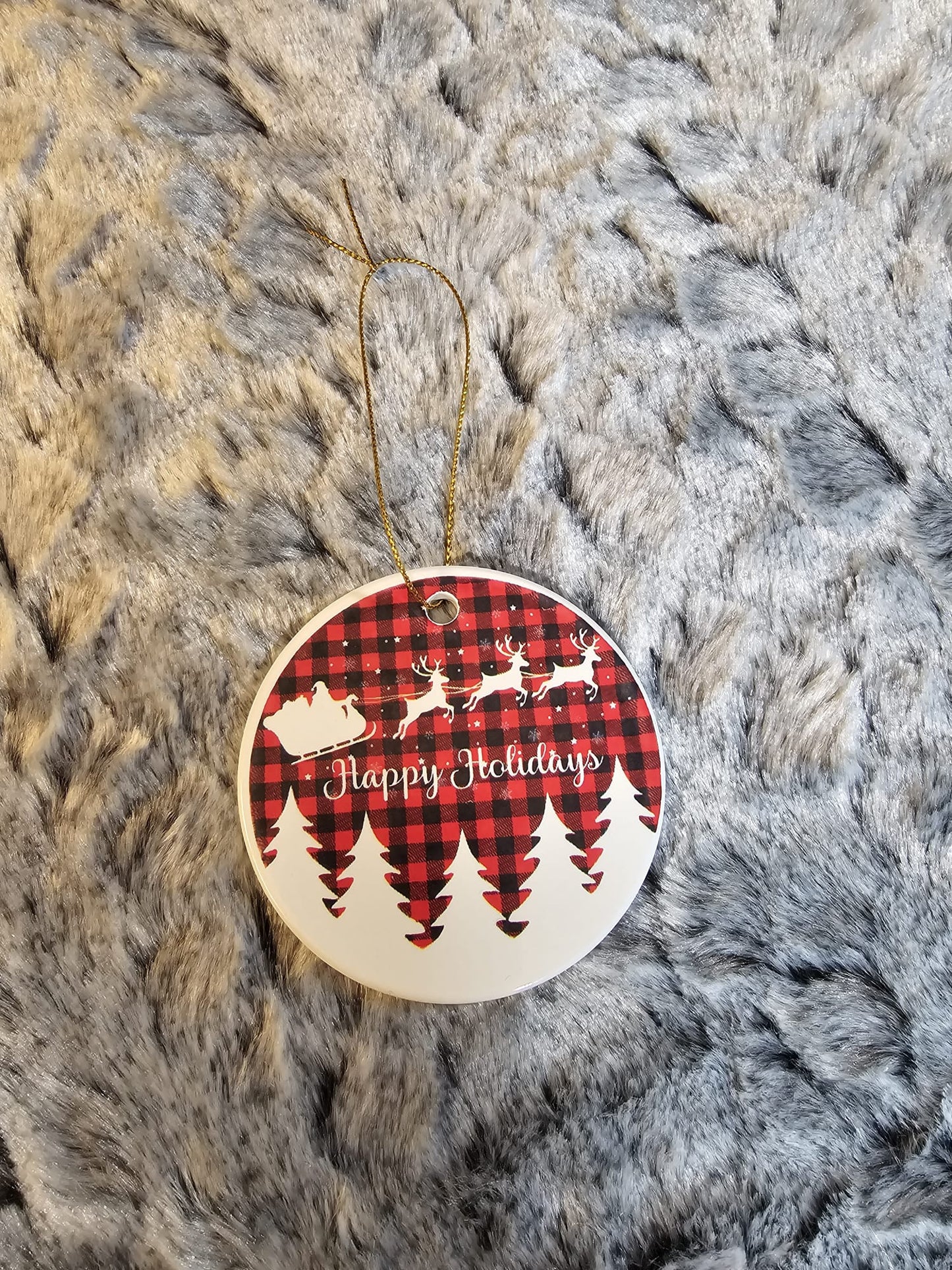 Happy Holidays Plaid Print Ceramic Ornament